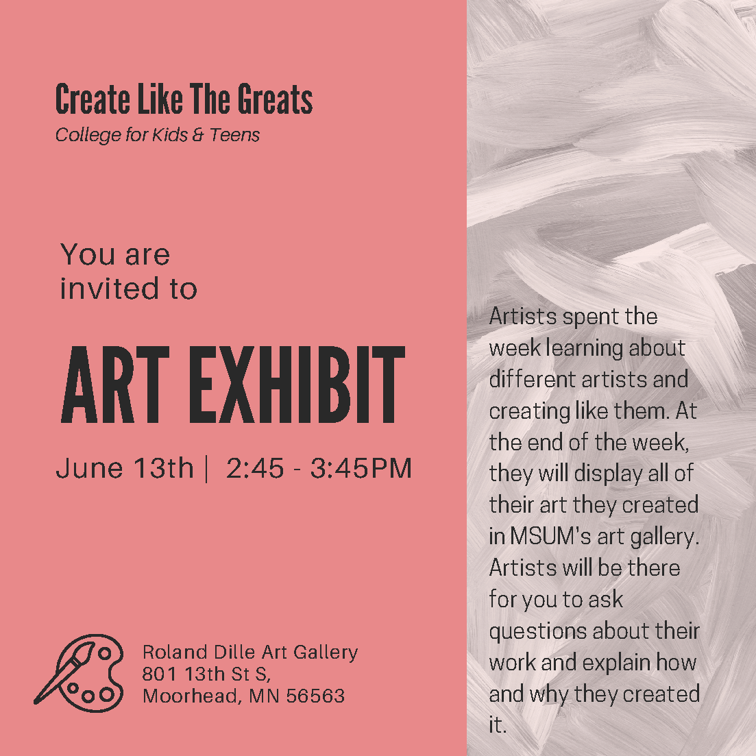 You are invited to “Create Like the Greats” art gallery event TODAY