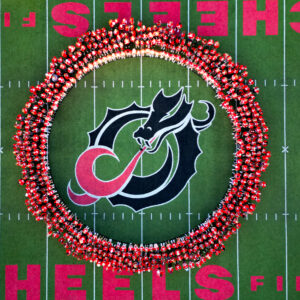 Hundreds of new students in the 2026 class stand in a circle around a Dragon logo.