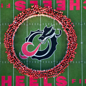 Hundreds of new students in the 2026 class stand in a circle around a Dragon logo.