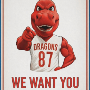 Dragon mascot Scorch points with text reading "We want you for the corporate cup"