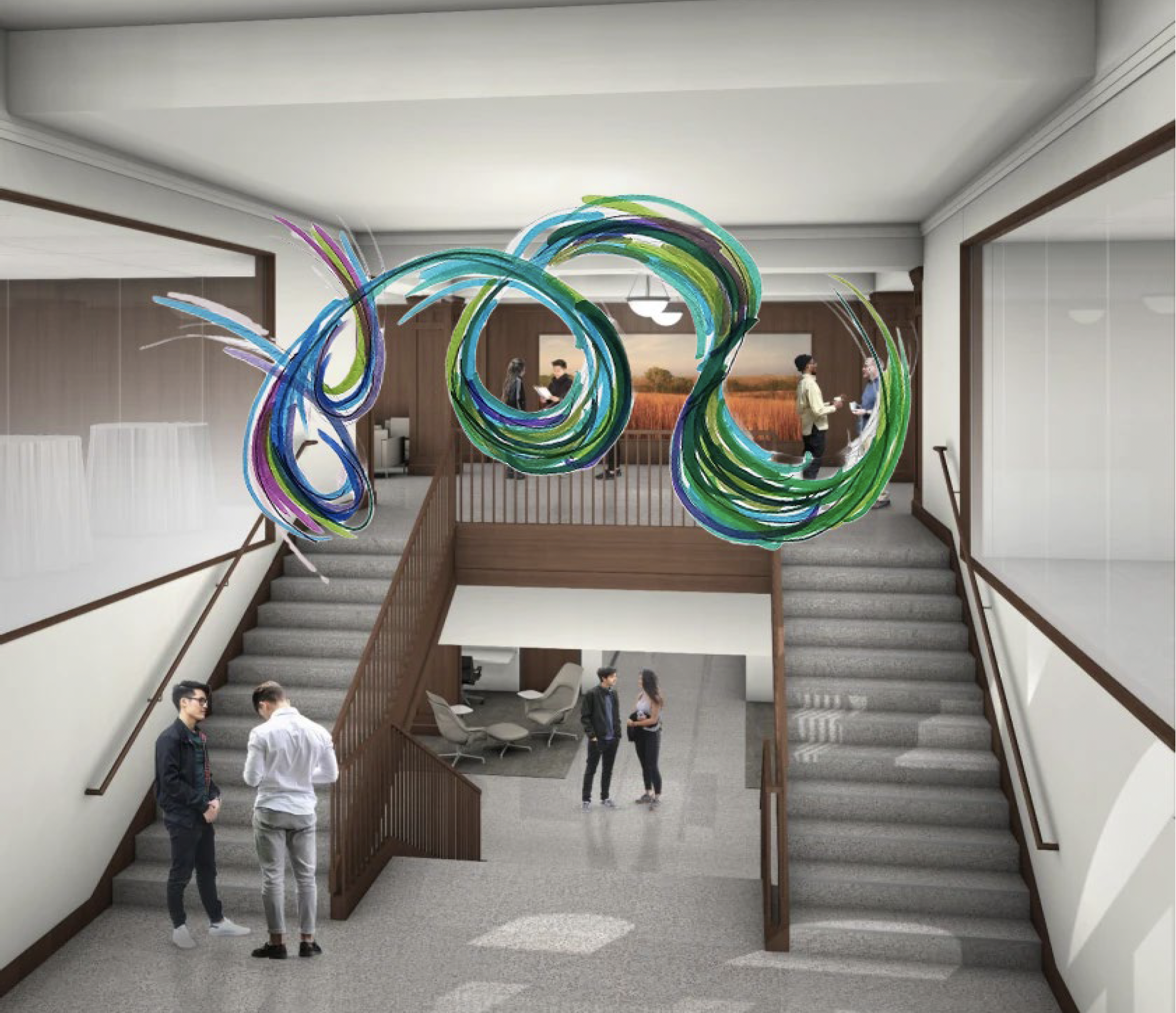 A rendering of glass art in Weld Hall