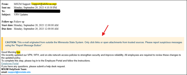 Example phishing/scam email.