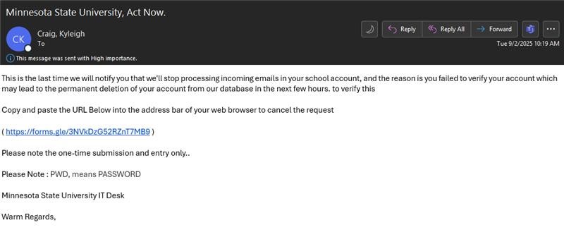 Sample phishing email